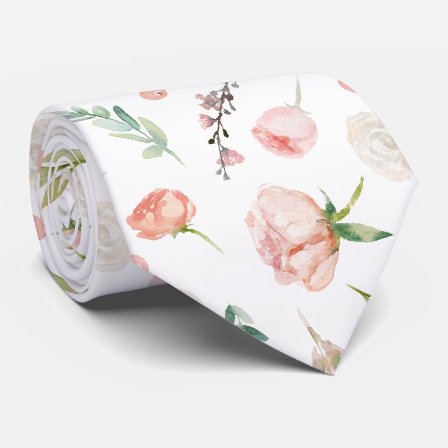 Blushing Summer Floral Watercolor Flowers Neck Tie (Rolled)