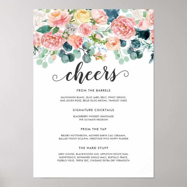 Blushing Summer Floral Wedding Bar Menu Poster (Front)