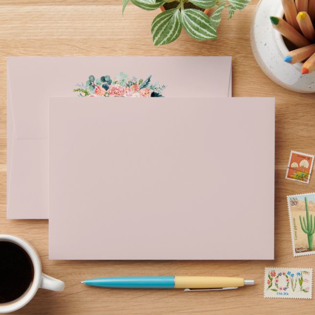 Blushing Summer Floral Wedding Pre-Addressed Envelope (Desk)