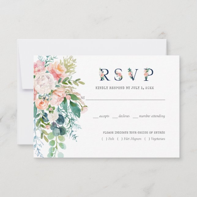 Blushing Summer Floral Wedding RSVP w/Meal Card (Front)