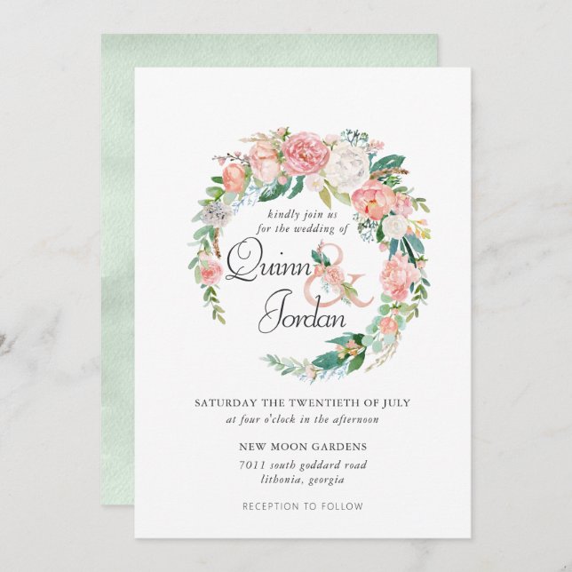 Blushing Summer | Floral Wreath Wedding Invitation (Front/Back)