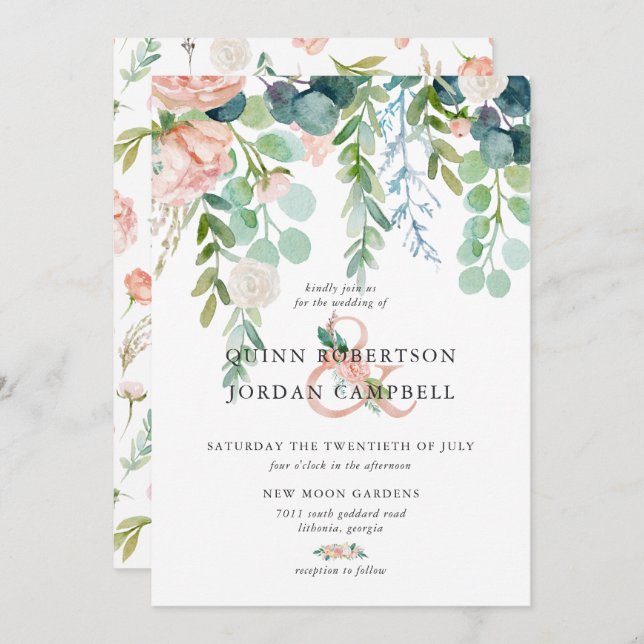 Blushing Summer | Watercolor Floral Wedding Invitation (Front/Back)