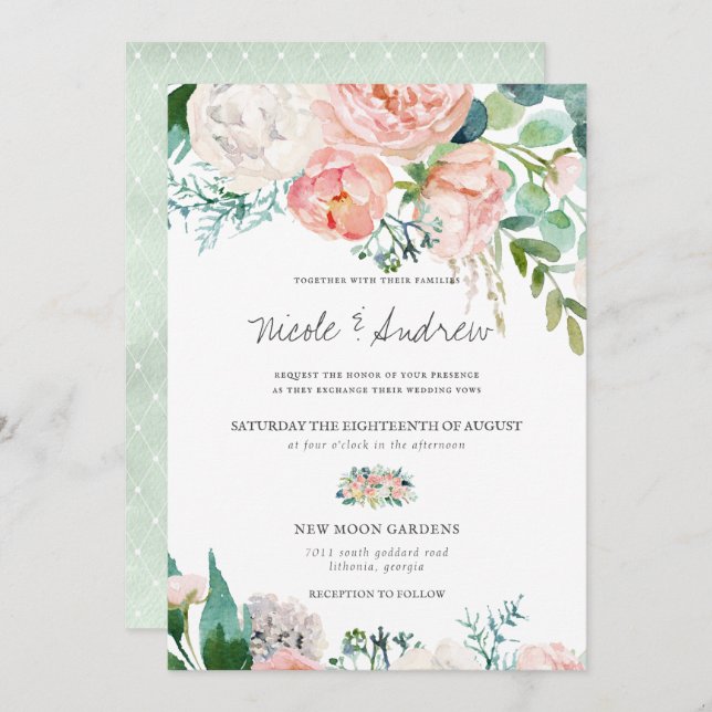 Blushing Summer | Watercolor Floral Wedding Invitation (Front/Back)
