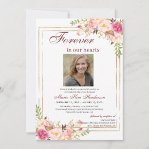 BlushPink Boho Gold Memorial Service Funeral Photo Invitation