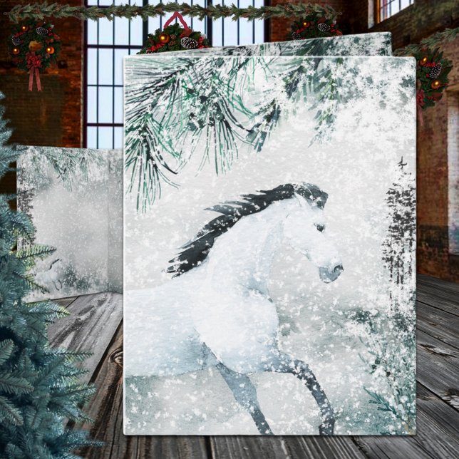 Blustering Winter Woodland Forest White Horse  Holiday Card (Blustering Winter Woodland Forest White Horse Christmas Holiday Wraparound Graphics  Folded Card)