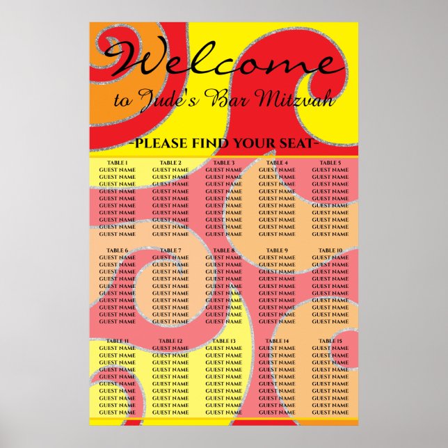 BM Bar and Bat Mitzvah 1960's Style Seating Chart (Front)