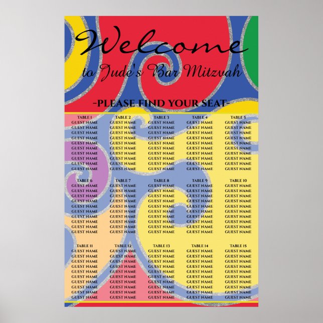 BM Bar & Bat Mitzvah Colourful Swirls Seating Char Poster (Front)