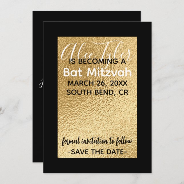 BM Bar Bat Mitzvah Elegant Gold Save The Date (Front/Back)
