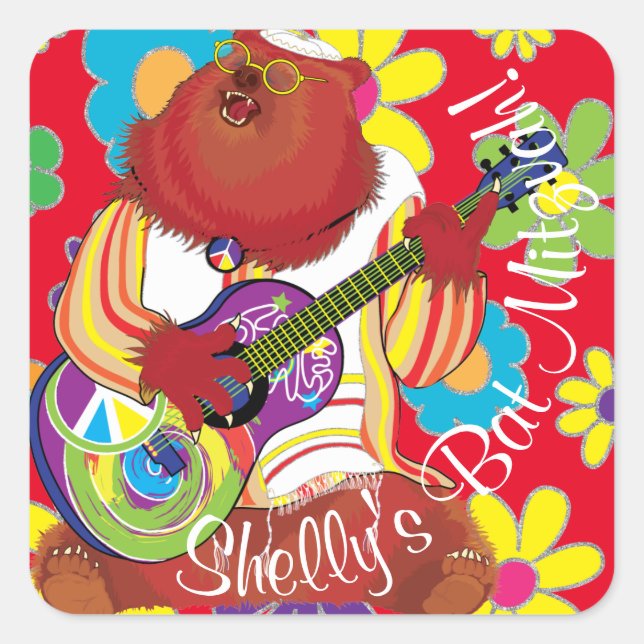 BM Bar Bat Mitzvah Hippie Flowery Bear Square Sticker (Front)