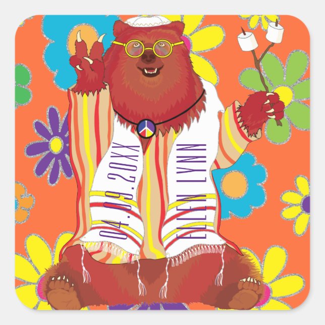 BM Bar Bat Mitzvah Hippie Happy Bear Square Sticker (Front)