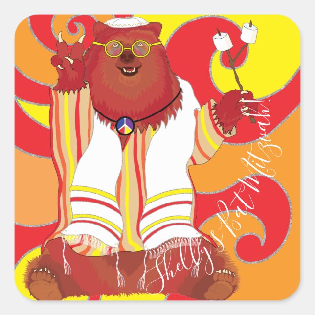 BM Bar Bat Mitzvah Hippie Tallit Bear Square Sticker (Front)