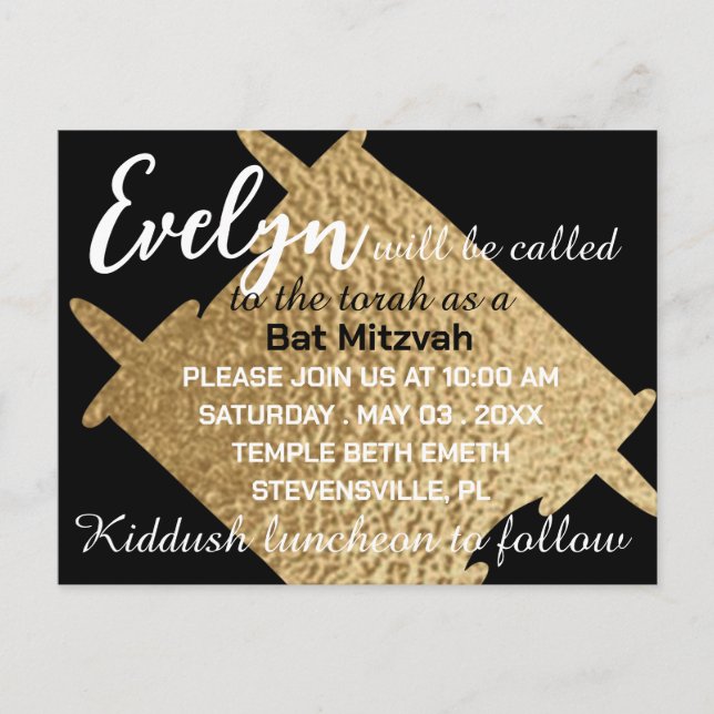 BM Bar or Bat Mitzvah Black N Gold Torah Postcard (Front)
