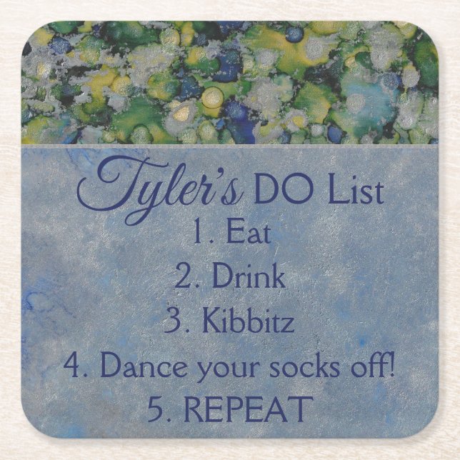 BM Bar or Bat Mitzvah Blues Silvers Square Paper Coaster (Front)