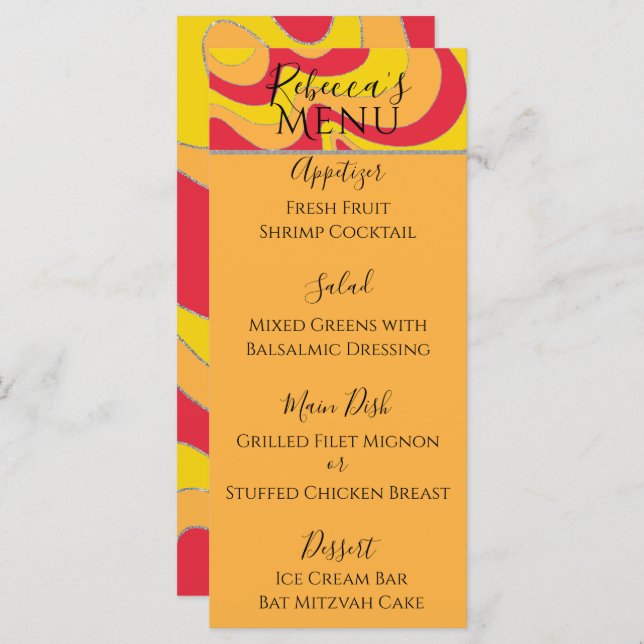 BM Bat Bar Mitzvah Elegant Silvery Swirl Food Menu (Front/Back)