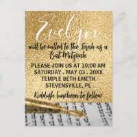 BM Bat/Bat Mitzvah Elegant Gold Postcard Invite