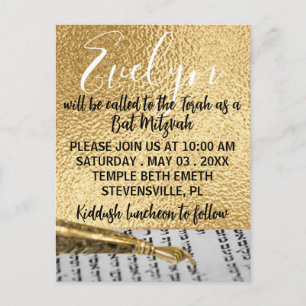 BM Bat/Bat Mitzvah Elegant Gold Postcard Invite