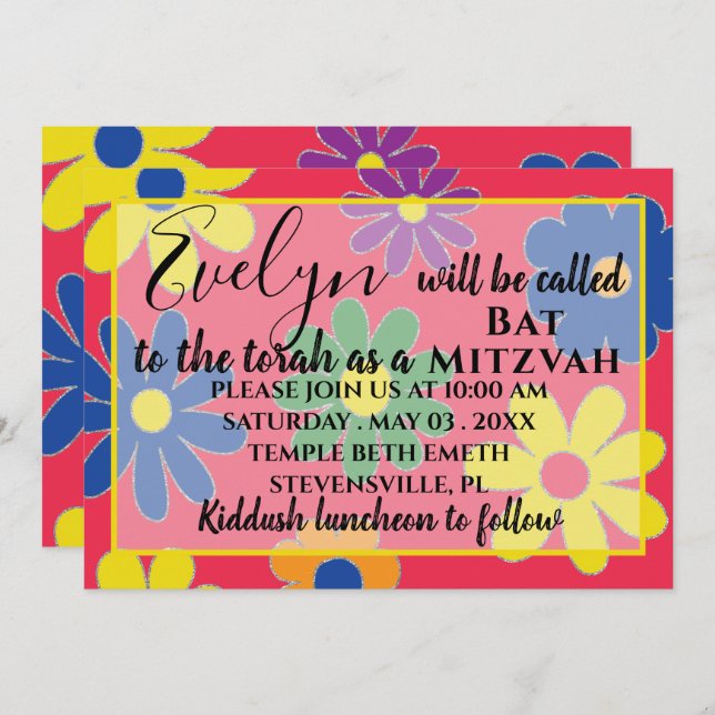 BM Bat N Bar Mitzvah Groovy Flower Invitation (Front/Back)