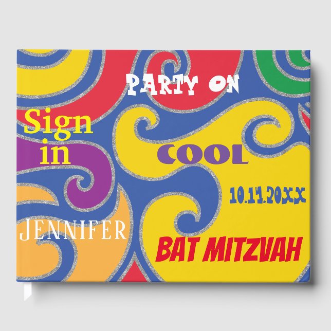 BM Bat or Bar Mitzvah Colourful Swirls Guest Book (Front)