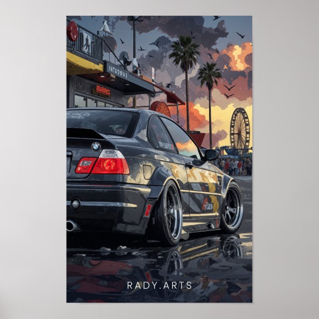 BMW M3 Sunset Street Art Poster (Front)