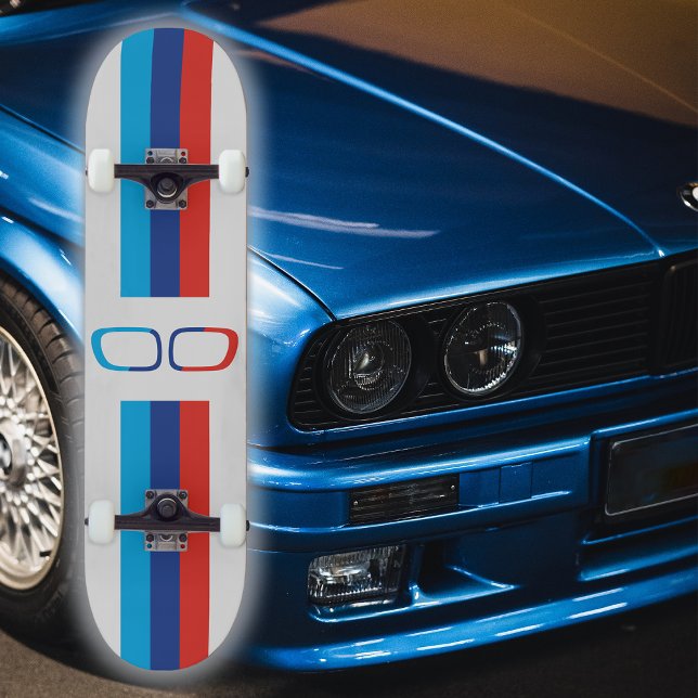 BMW M stripes and kidneys fan art, white Skateboard (A modern, stylish fan-art for car lovers, the BMW kidneys with the enigmatic blue and red stripes.)