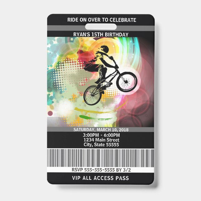 BMX Birthday Invitation VIP Pass ID Badge (Front)