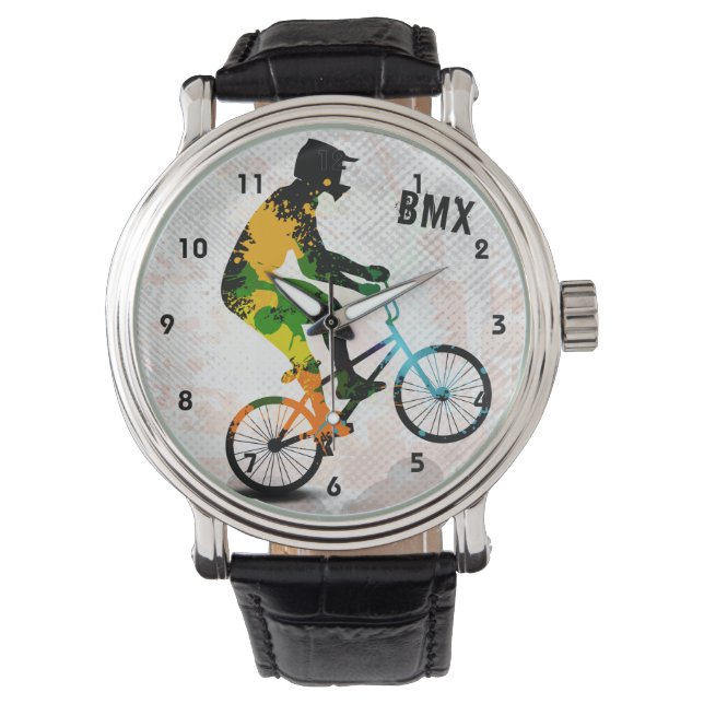 BMX Rider in Abstract Paint Splatters SQ WITH TEXT Watch (Front)
