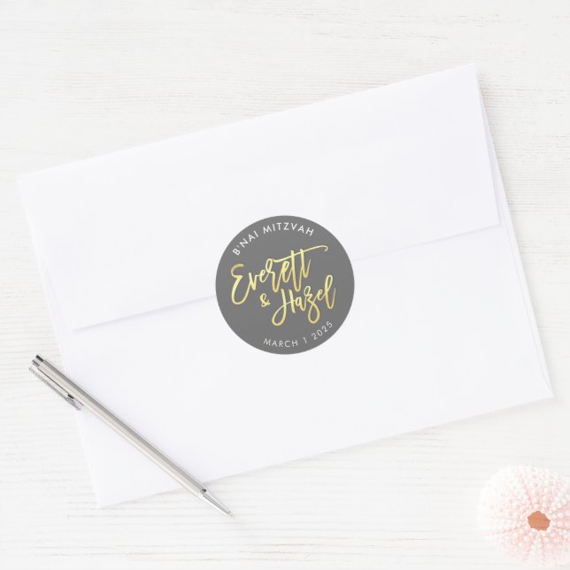 B'NAI MITZVAH favour modern grey gold Classic Round Sticker (Envelope)