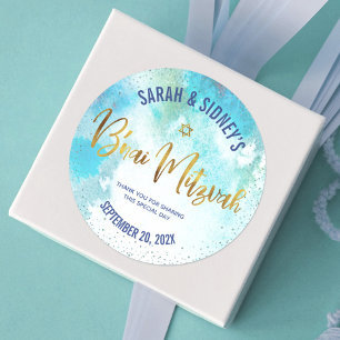 B'nai Mitzvah Gold Script Turquoise Watercolor Classic Round Sticker