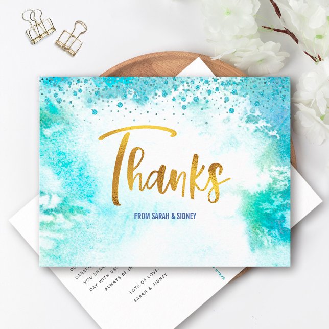 B'nai Mitzvah Gold Turquoise Watercolor Thank You Postcard (Creator Uploaded)