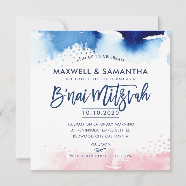 B'NAI MITZVAH hand lettered blue & pink watercolor Invitation (Front)