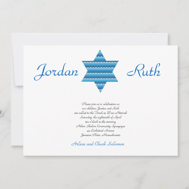 B'Nai Mitzvah Invitation Jewish Star David Twins (Front)