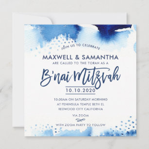 B'NAI MITZVAH INVITE hand lettered blue watercolor