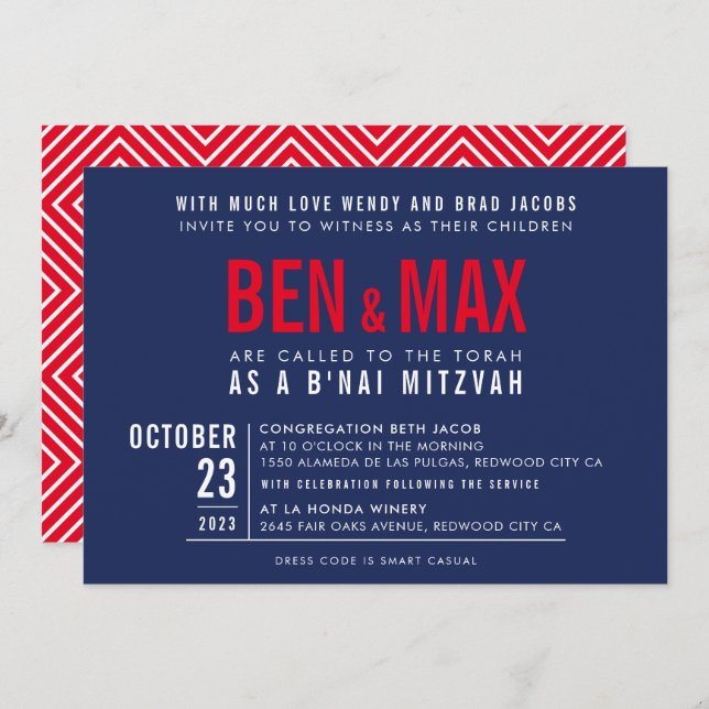 B'NAI MITZVAH modern bold block wide navy blue red Invitation (Front/Back)