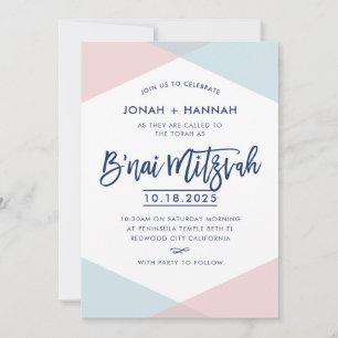 B'NAI MITZVAH modern minimal script blue pink Invitation