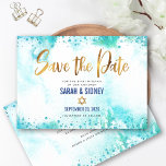 B'nai Mitzvah Turquoise Watercolor Gold Script Save The Date<br><div class="desc">Make sure all your friends and relatives will be able to celebrate your children’s milestone B’nai Mitzvah! Send out this stunning, modern, personalised “Save the Date” announcement card. Sparkly gold faux foil calligraphy script and Star of David, along with blue confetti dots, overlay a turquoise watercolor background. Your custom message...</div>