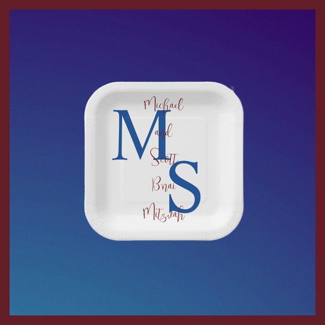 B'nai Mitzvah White Blue Burgundy Name Monogram Paper Plate (Creator Uploaded)