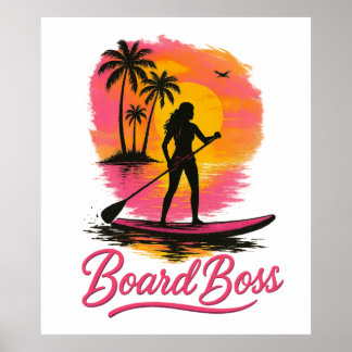 Board Boss SUP Girl Retro Sunset Poster