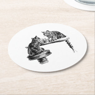 Board Games: Two Cats playing a Chess Match Round Paper Coaster