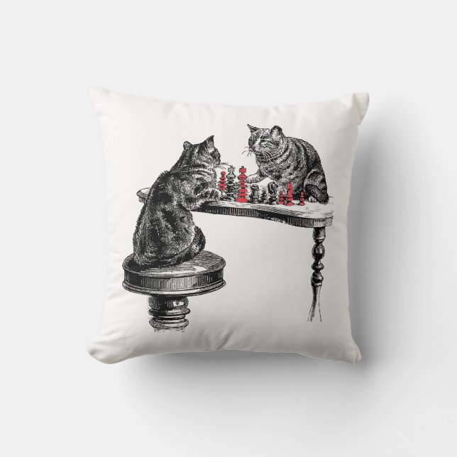 Board Games Two Cats playing Chess Match Red Cushion (Front)