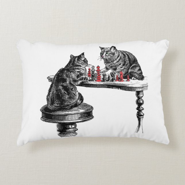 Board Games Two Cats playing Chess Match Red Decorative Cushion (Front)