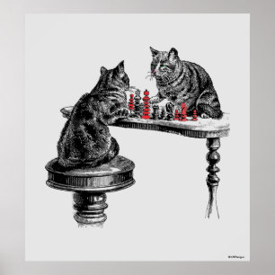 Board Games Two Cats playing Chess Match Red Poster