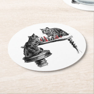 Board Games Two Cats playing Chess Match Red Round Paper Coaster