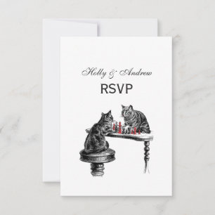 Board Games Two Cats playing Chess Match Red RSVP Card