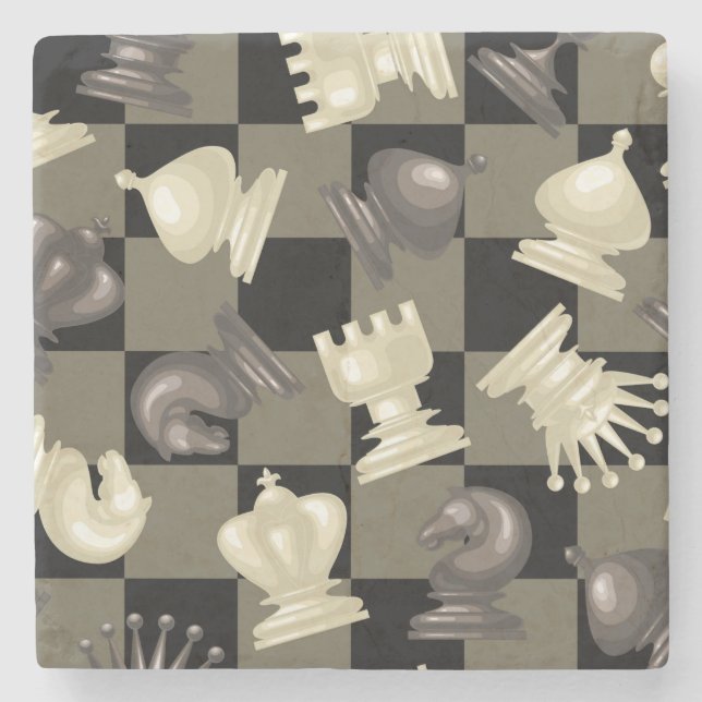 Board of Chess Pieces Laying Down Stone Coaster (Front)