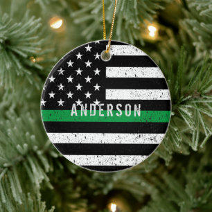 Boarder Patrol distressed Thin Green Line w/ name Ceramic Tree Decoration