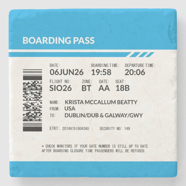Boarding Pass 6000x6000 (blue) DAM12 Stone Coaster (Front)