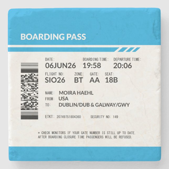 Boarding Pass 6000x6000 (blue) DAM15 Stone Coaster (Front)