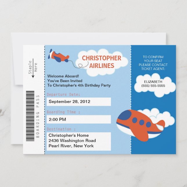 Boarding Pass Aeroplane  Birthday Party Invitation (Front)
