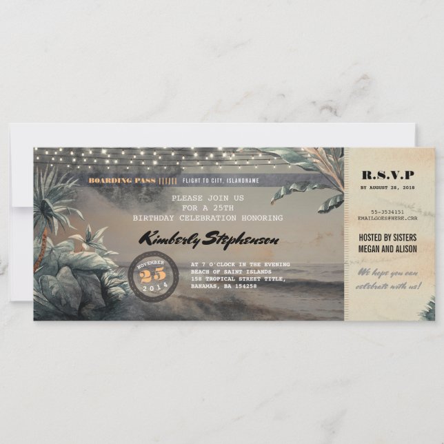 Boarding Pass Beach Lights Birthday Party Ticket Invitation (Front)