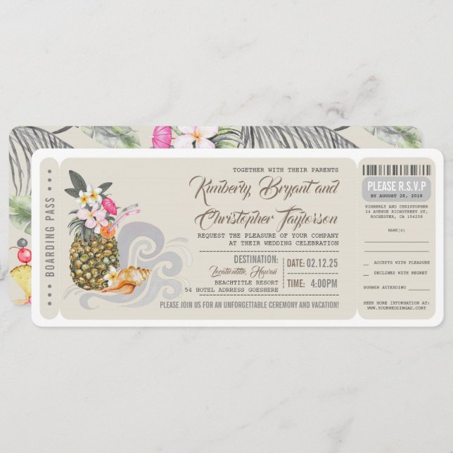 Boarding Pass | Beach Pineapple | Wedding Ticket Invitation (Front/Back)